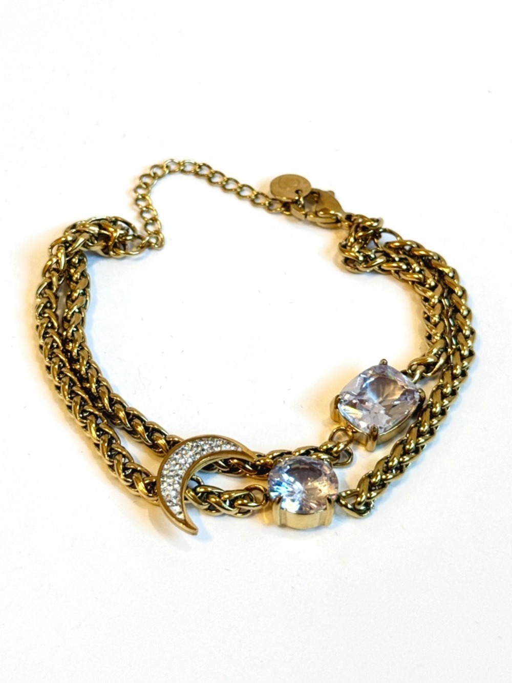 Gold Celestial Crescent Moon Crystal Double Chain Bracelet NWT - Picture 8 of 8